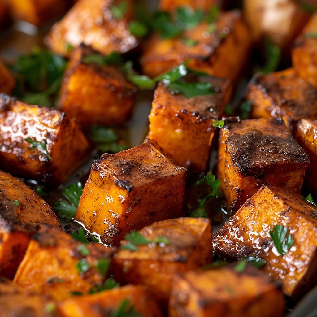 Close-up of roasted sweet potato cubes drizzled with honey and sprinkled with cinnamon, illuminated by warm side lighting.