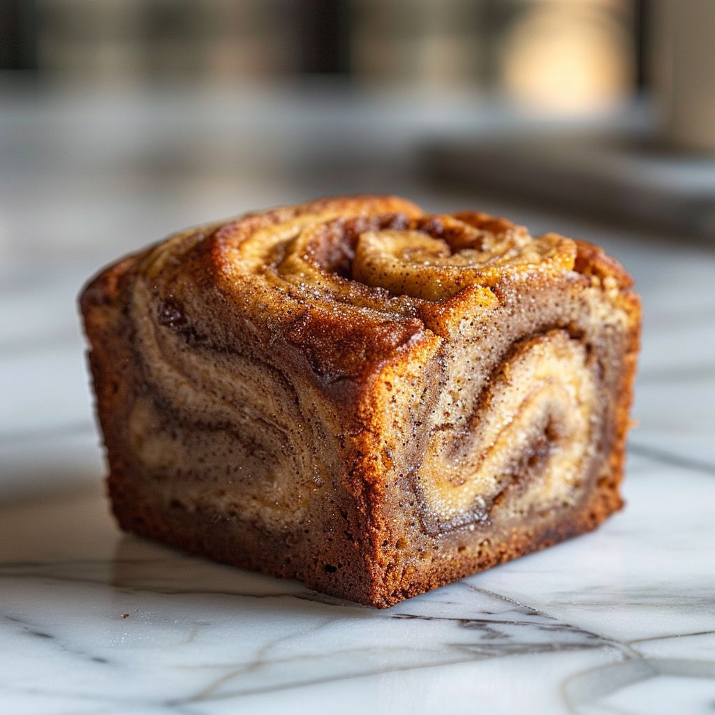 A slice of cinnamon swirl banana bread on a white marble countertop, well-lit with natural light.
