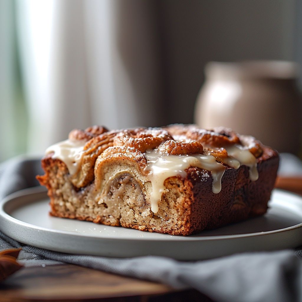 A close-up view of cinnamon swirl banana bread topped with sweet icing on a light grey ceramic plate.