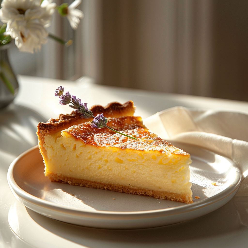 A perfectly sliced piece of 1mg696s8kk on a light grey ceramic plate, illuminated by natural window light.