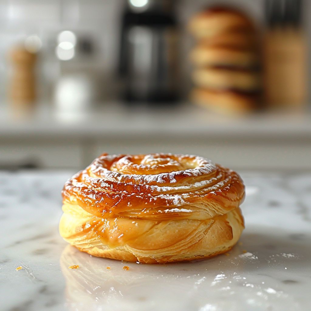 A close-up of a beautifully plated dish on a white marble countertop, illuminated by natural light.