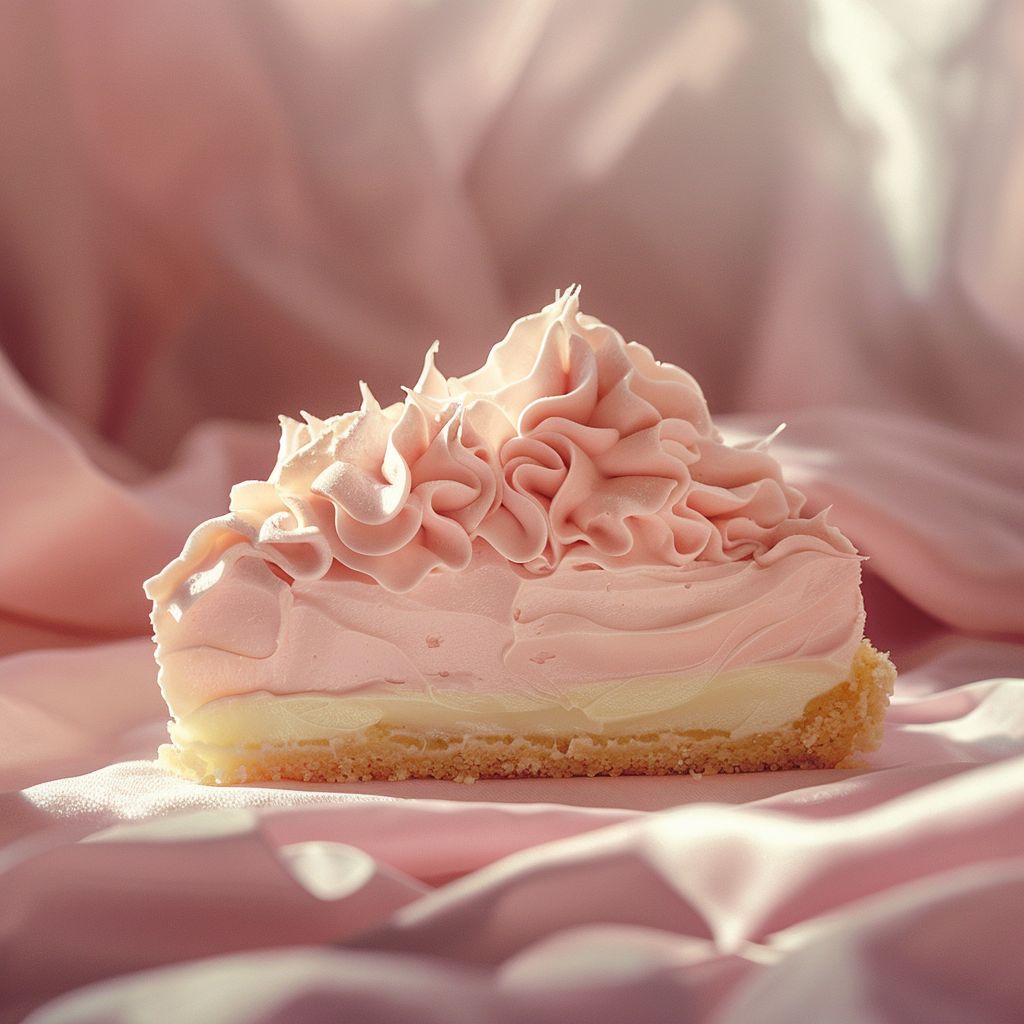 A close-up shot of a beautifully styled slice of 1mg696s8kk on a pale pink surface with natural light.