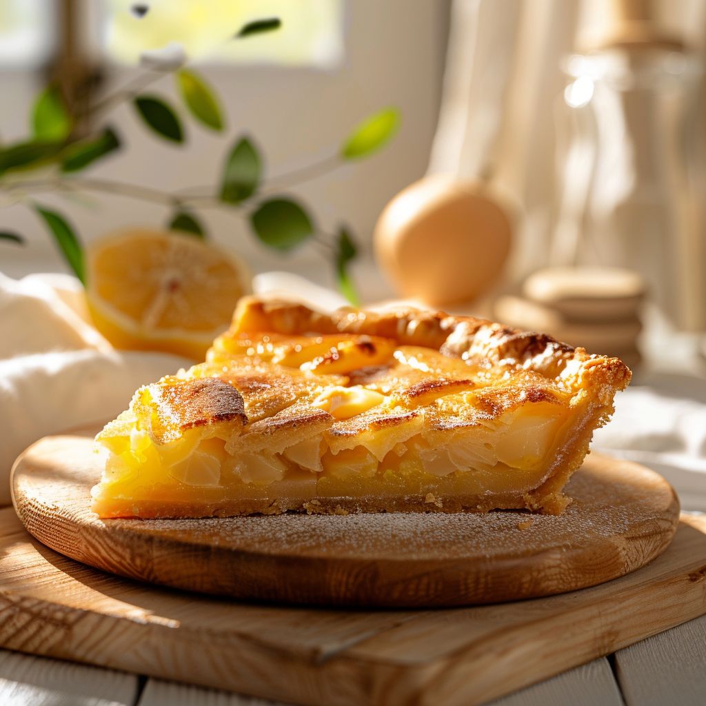 A perfect slice of pastry on a light wooden board, illuminated by natural light.