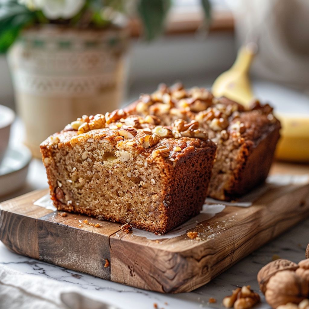 Close-up of a slice of banana nut bread on a wooden board, lightly styled.