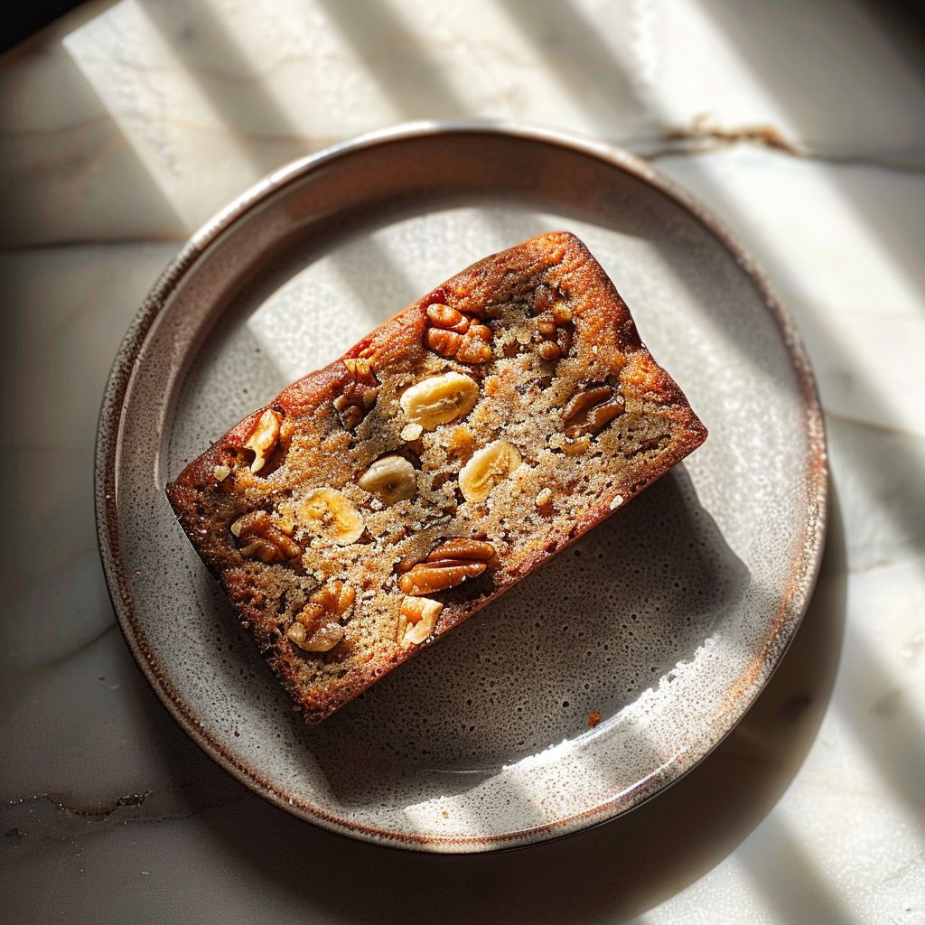 Top-down view of a portion of banana nut bread on a light grey ceramic plate.