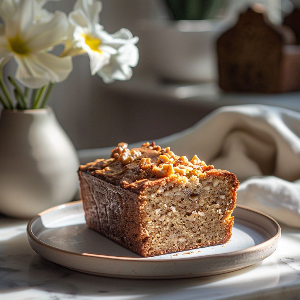 A portion of banana nut bread on a light grey ceramic plate, elegantly presented in natural light.