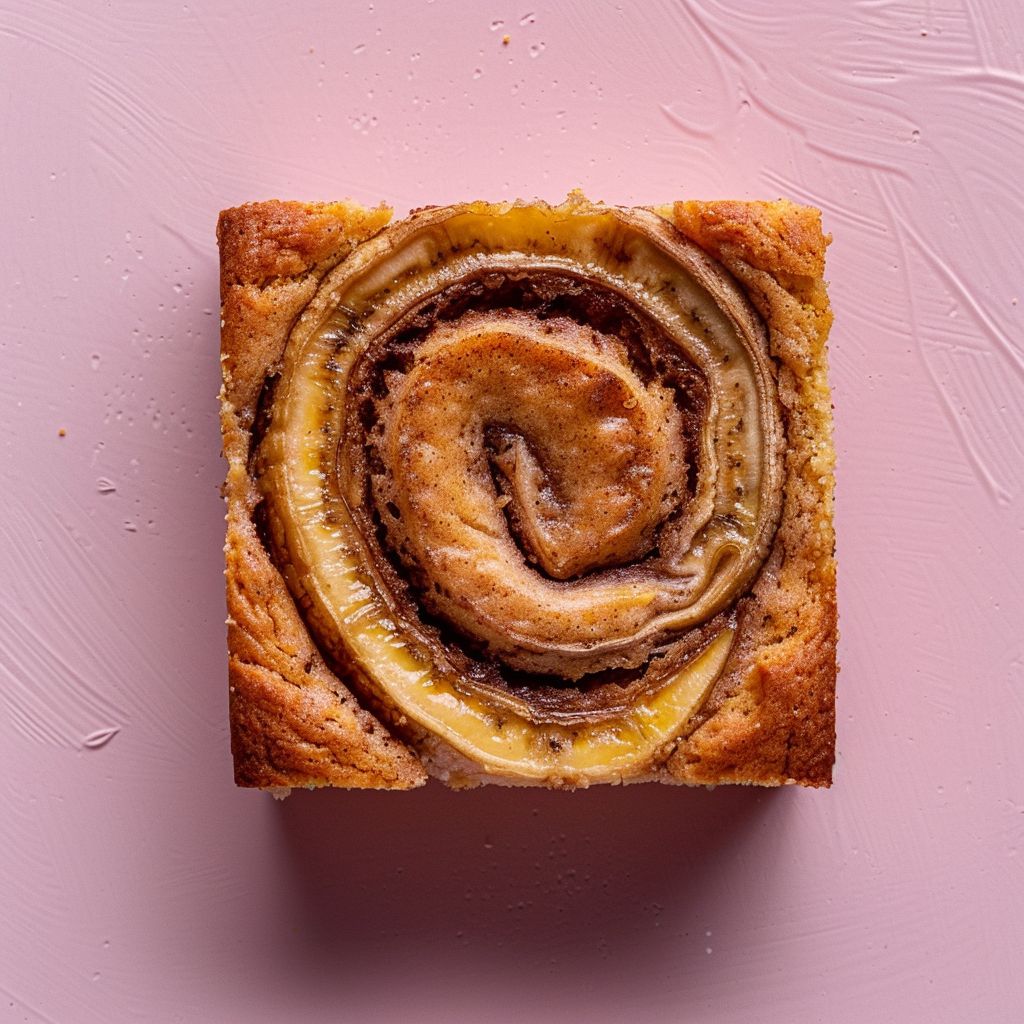 A top-down view of a slice of cinnamon swirl banana bread on a pale pink surface.