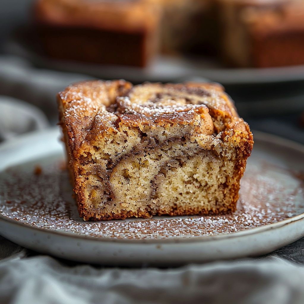 Close-up of a slice of cinnamon swirl banana bread on a light grey plate.