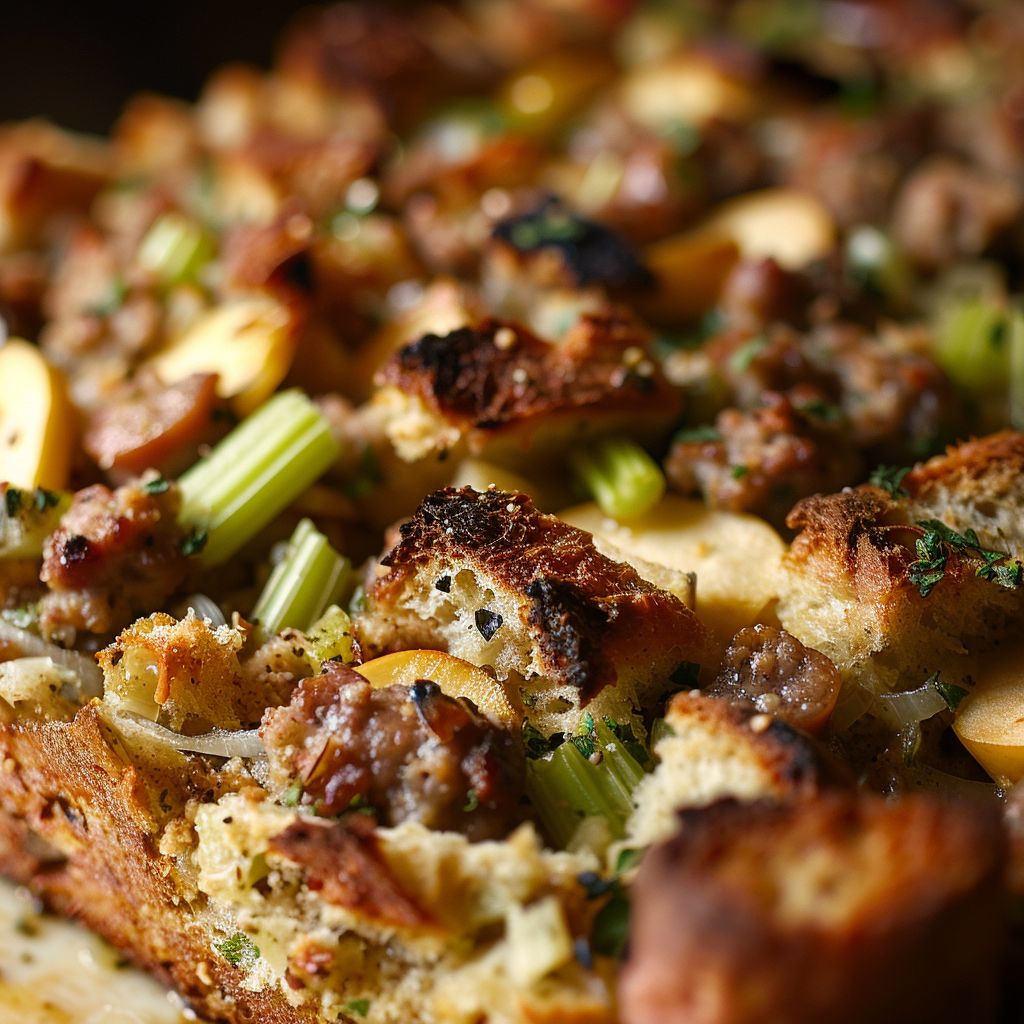 Close-up of a golden-brown Apple Sausage Stuffing Bake with visible ingredients.