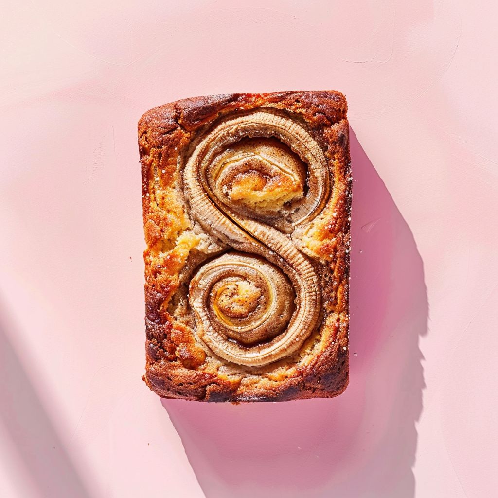 A top-down view of a slice of cinnamon swirl banana bread on a pale pink surface, illuminated by natural light.