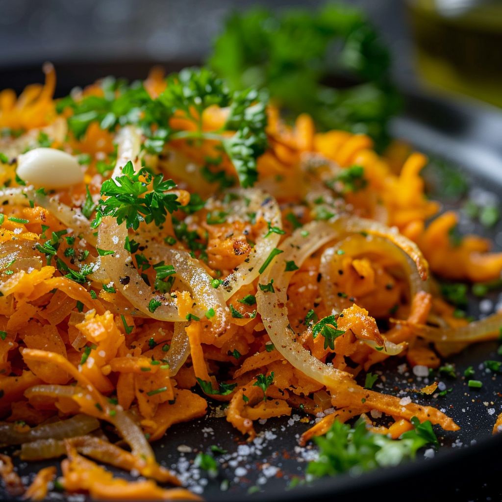Close-up of golden-brown sweet potato hash browns with finely chopped onions and garnished with fresh parsley.