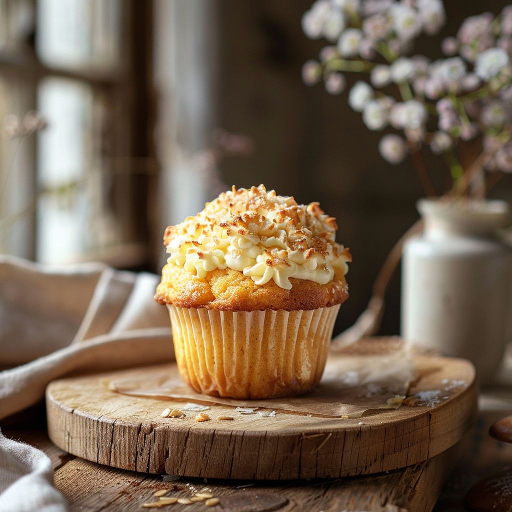A close-up shot of a pumpkin cream cheese muffin on a light wooden board.