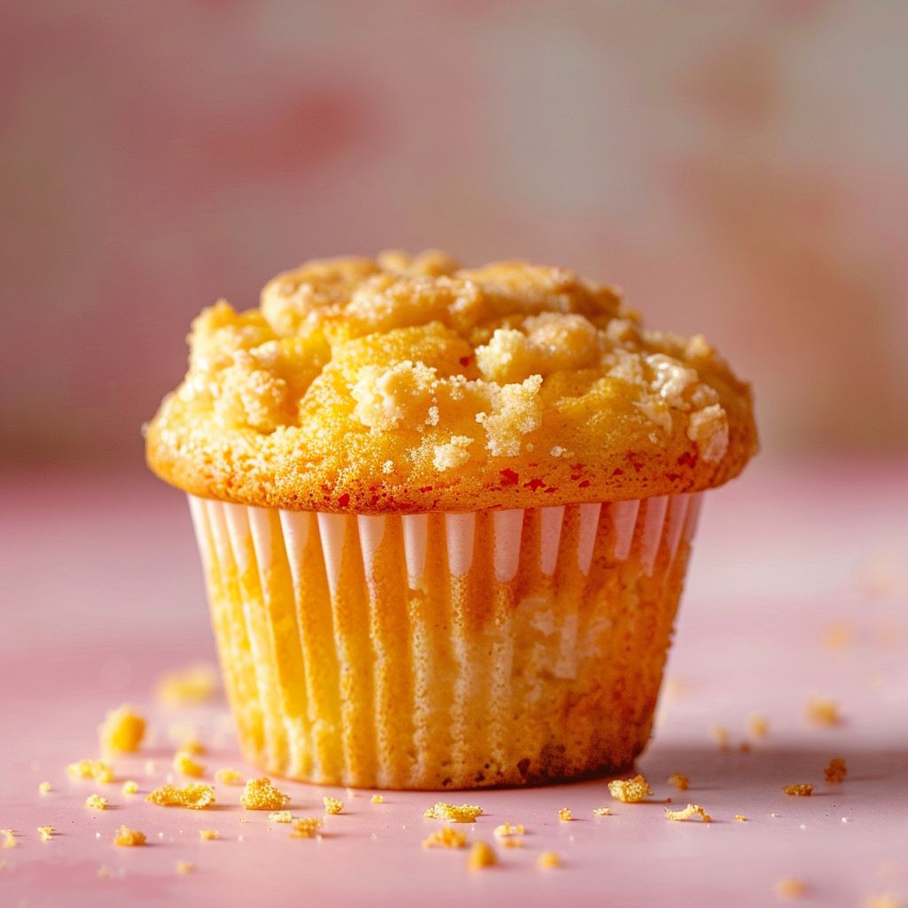 Close-up of a beautifully styled pumpkin cream cheese muffin on a pale pink surface.