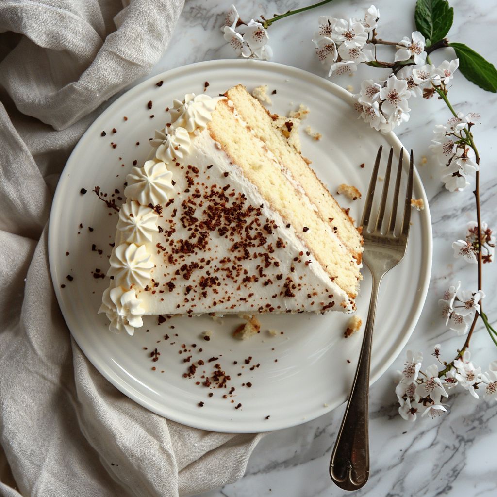 A beautiful top-down view of a slice of cake on a white marble countertop, showcasing various cake mix recipes.
