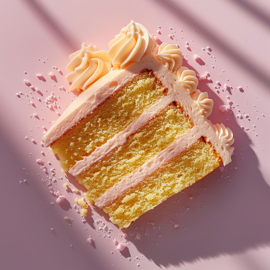 A flatlay of a perfectly sliced cake showcasing 25+ cake mix recipes on a pale pink surface.