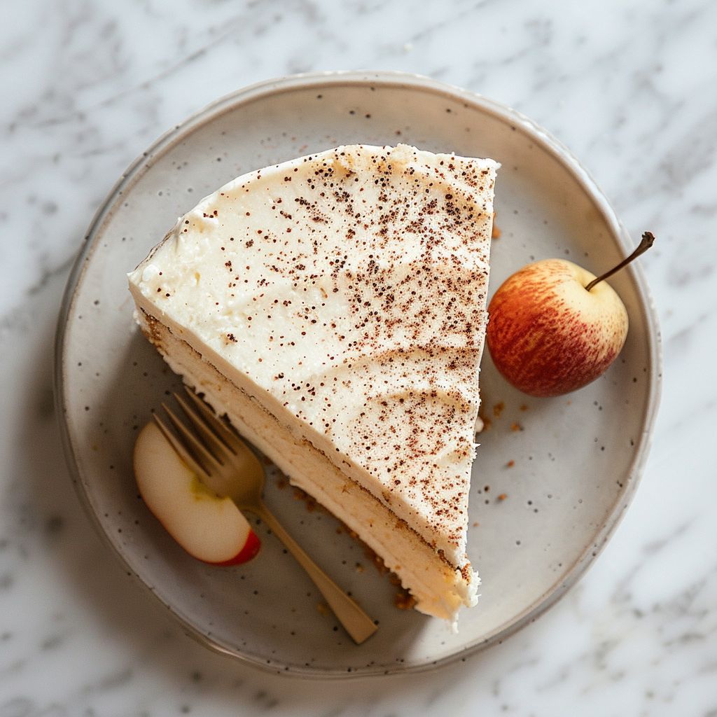A top-down view of a beautifully styled slice of cake on a light grey ceramic plate surrounded by other cakes.