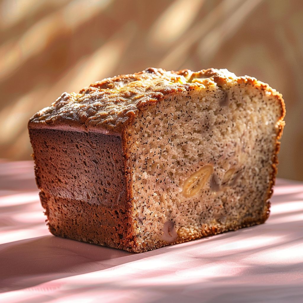 Close-up of a slice of banana bread on a pale pink surface, with a soft-focus background.