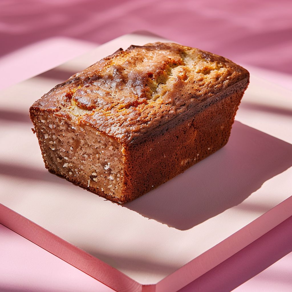 A slice of banana bread on a pale pink surface, elegantly styled with soft lighting.