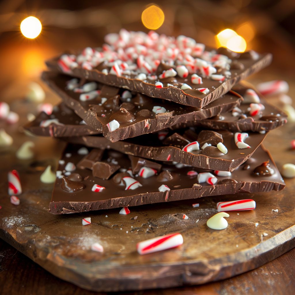 Close-up view of Chocolate Candy Cane Bark with crushed candy canes sprinkled on top.