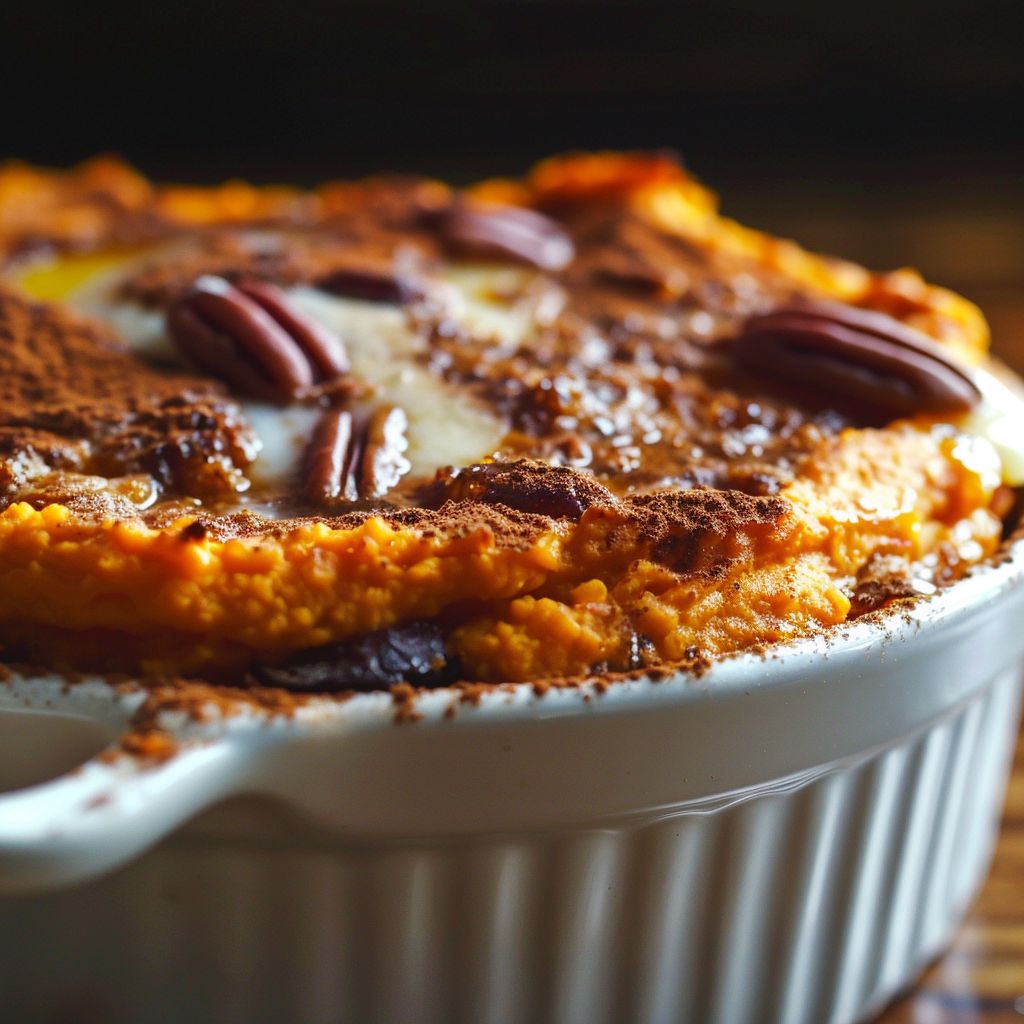 Close-up of a fluffy Sweet Potato Soufflé with a golden-brown top, surrounded by soft shadows.