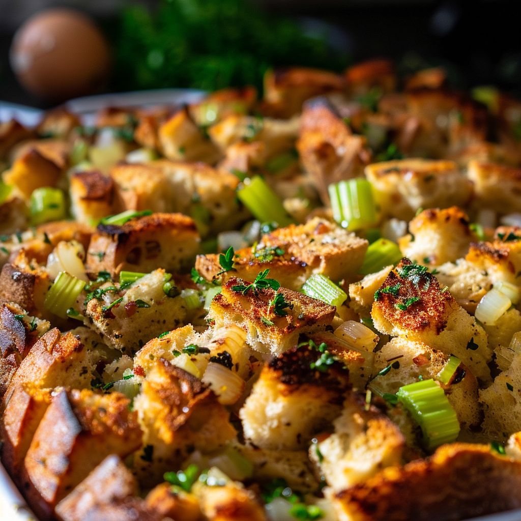 Close-up of Thanksgiving turkey stuffing with cubed bread, herbs, and vegetables.