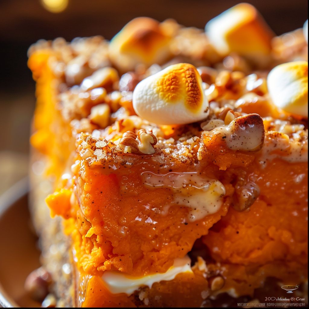 Close-up of a golden-brown sweet potato souffle with a creamy texture, illuminated by soft natural light.