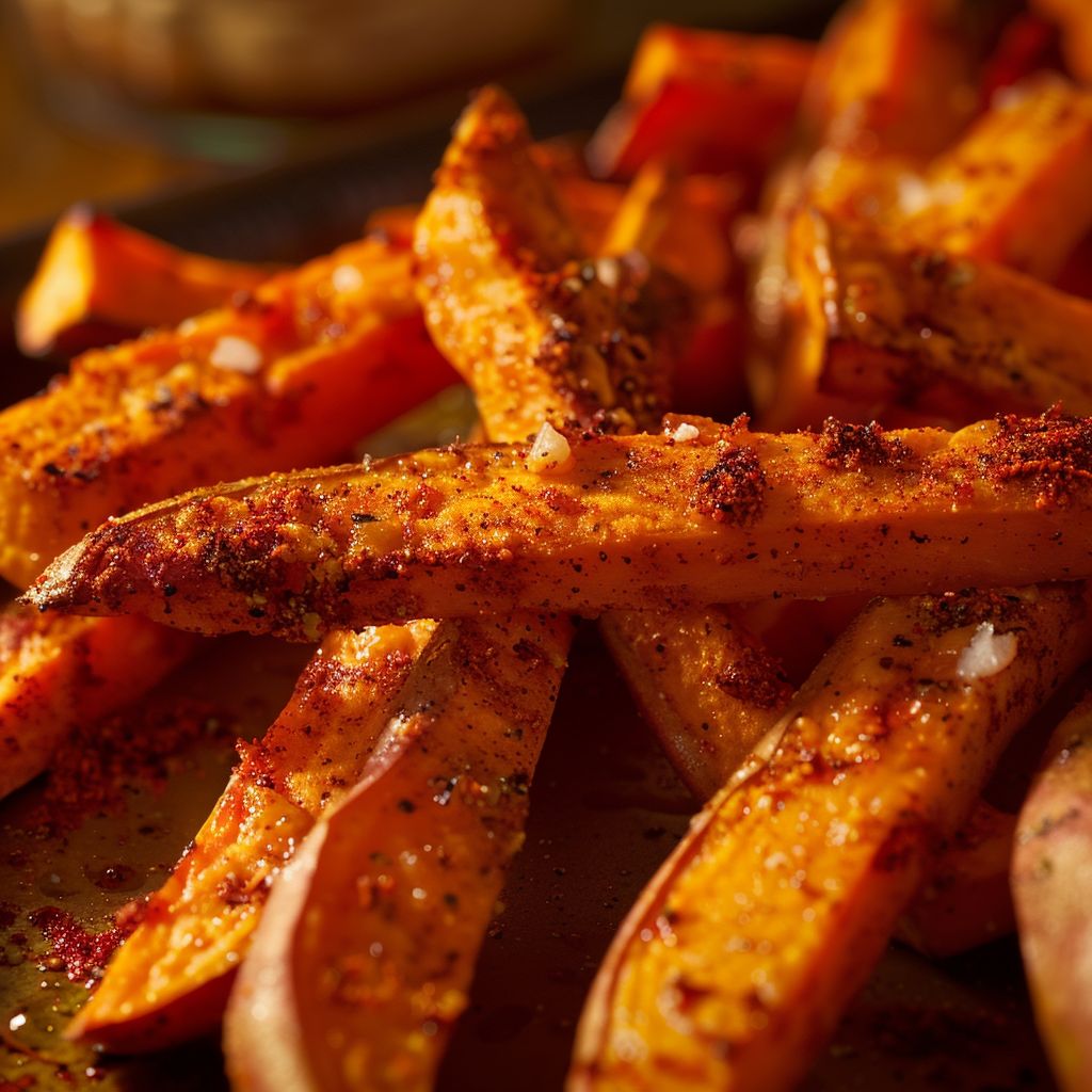 Close-up of golden brown sweet potato fries on a rustic wooden surface.
