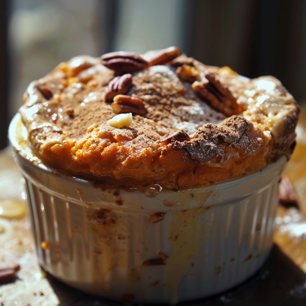 Close-up of a golden-brown sweet potato soufflé in a rustic dish.