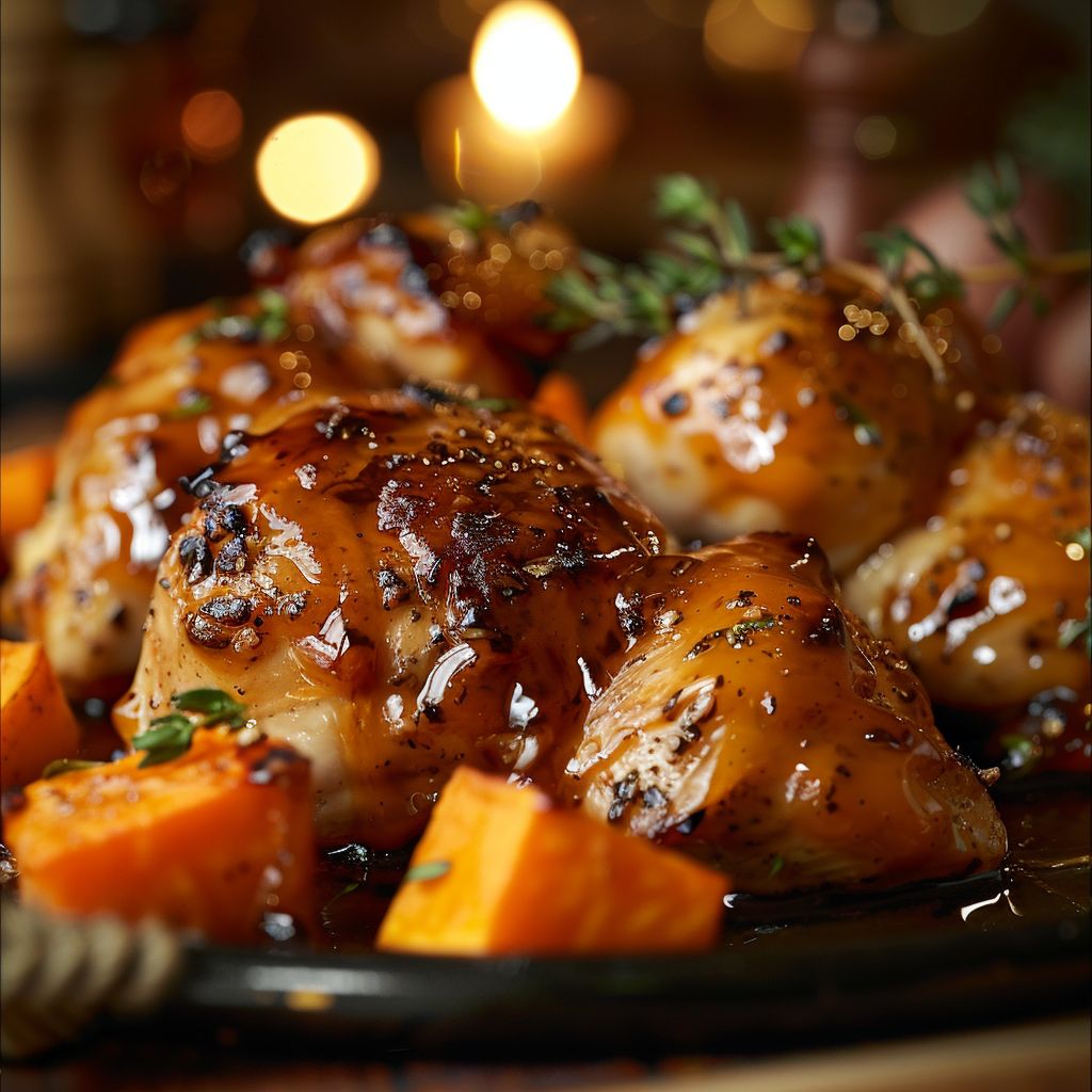 A close-up of maple-glazed chicken with sweet potatoes, displayed on a rustic wooden table.