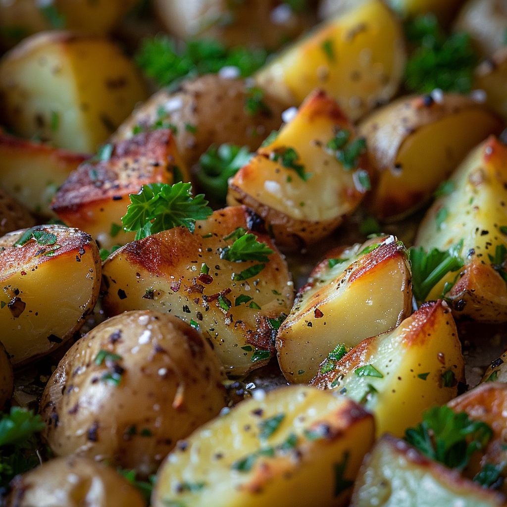 Close-up of golden-brown Garlic Roast Potatoes with garlic and herbs.