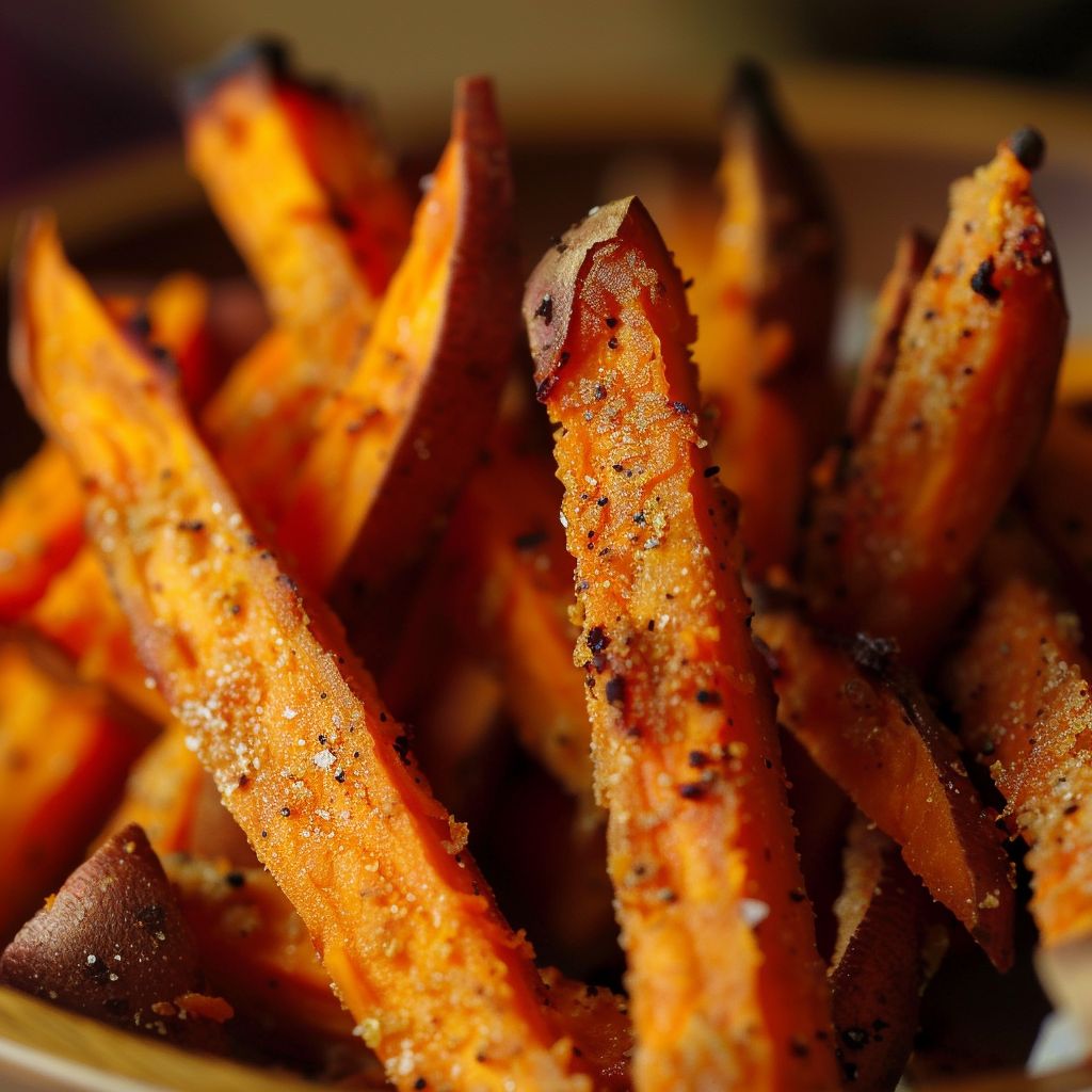 Close-up of crispy oven-baked sweet potato fries served in a rustic setting.