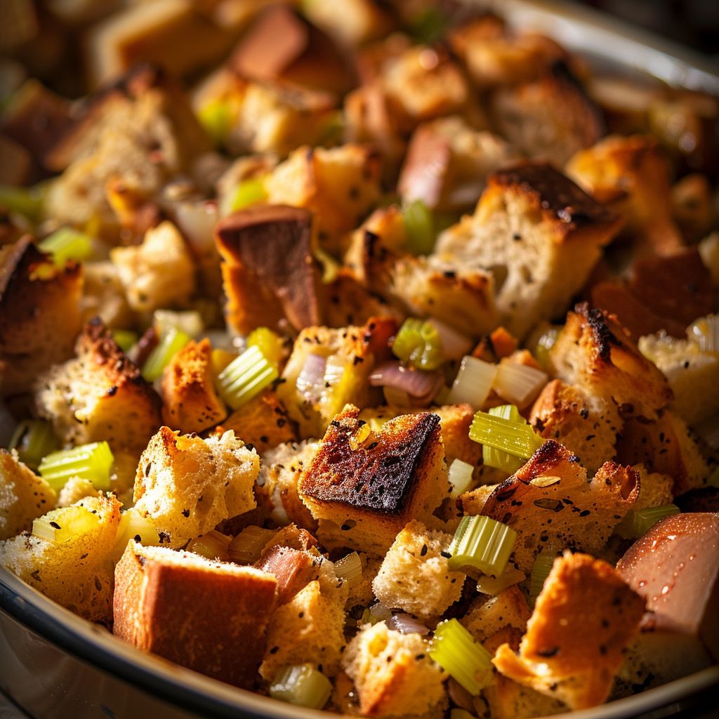 Close-up of Thanksgiving turkey stuffing with bread cubes and herbs in a warm, inviting setting.