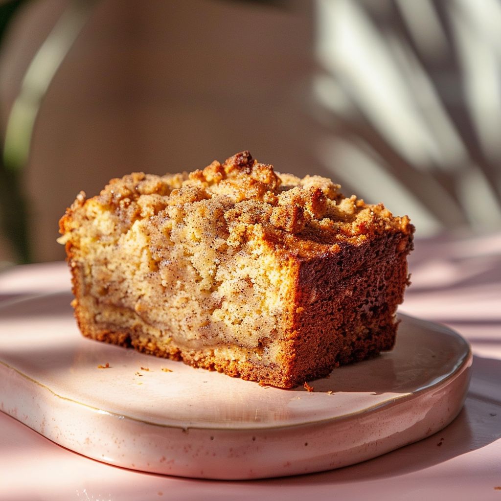 A moist slice of cinnamon crumb banana bread on a pale pink surface, illuminated by natural light.