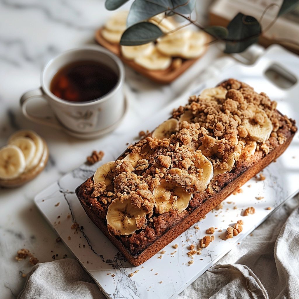 A top-down view of moist cinnamon crumb banana bread served on a white marble countertop.