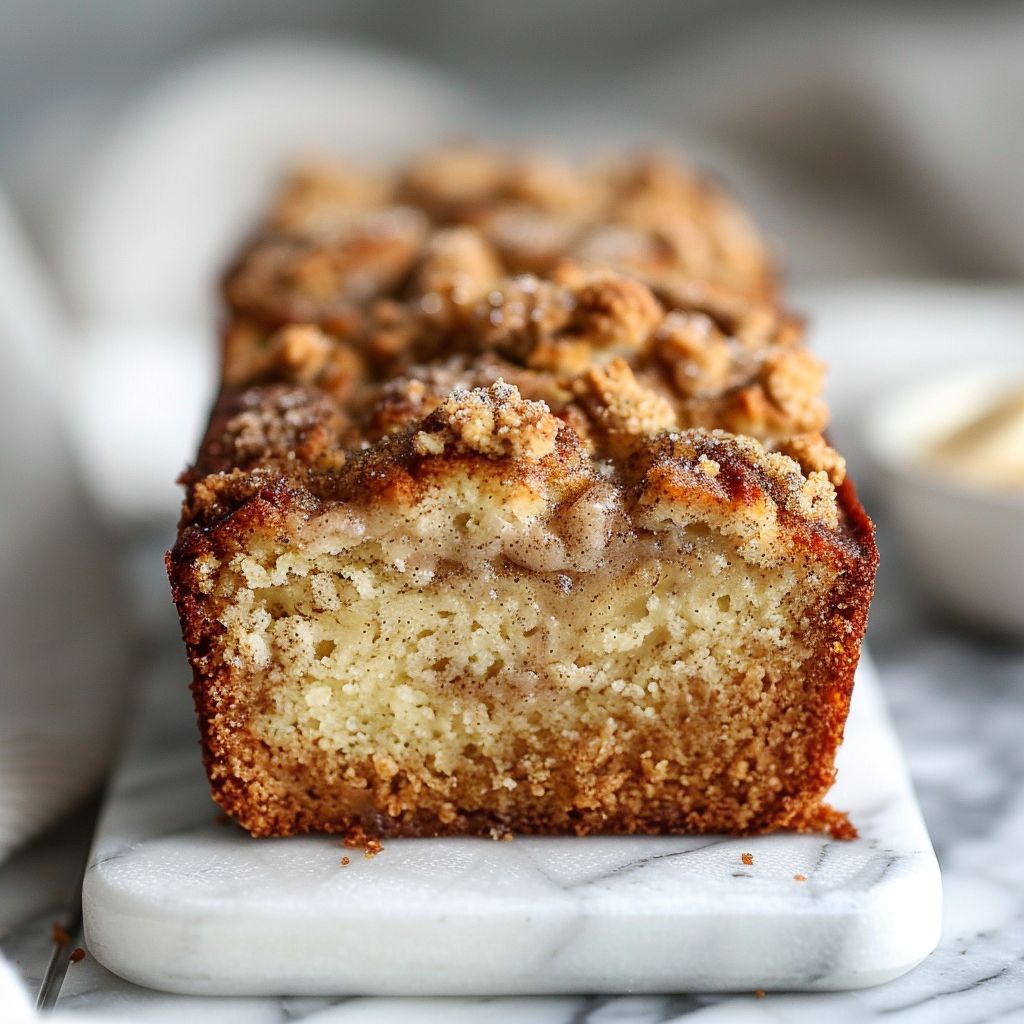 Close-up of a moist cinnamon crumb banana bread slice on a white marble countertop.