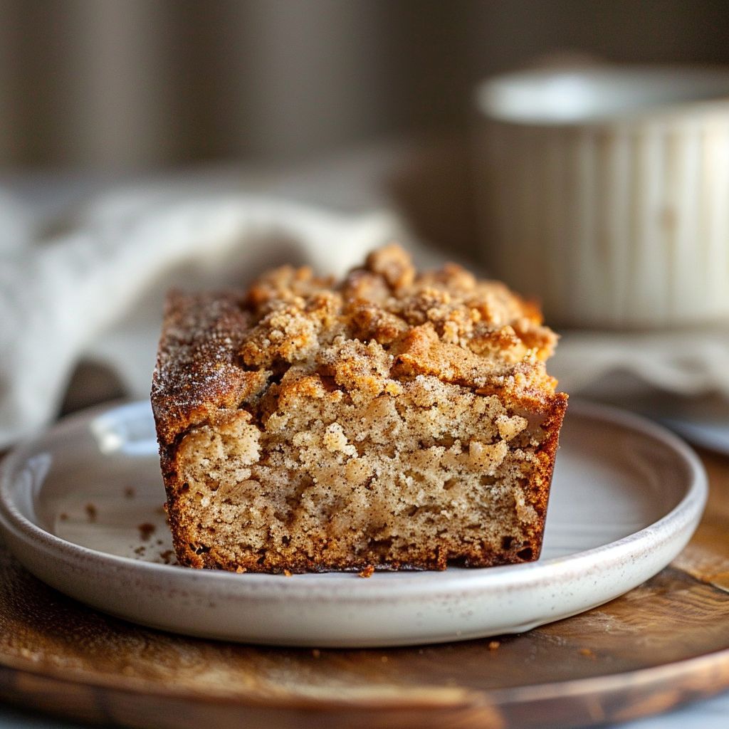 Close-up of moist cinnamon crumb banana bread on a light grey plate.