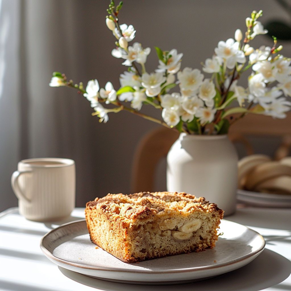 A slice of moist cinnamon crumb banana bread on a light grey ceramic plate, beautifully presented.
