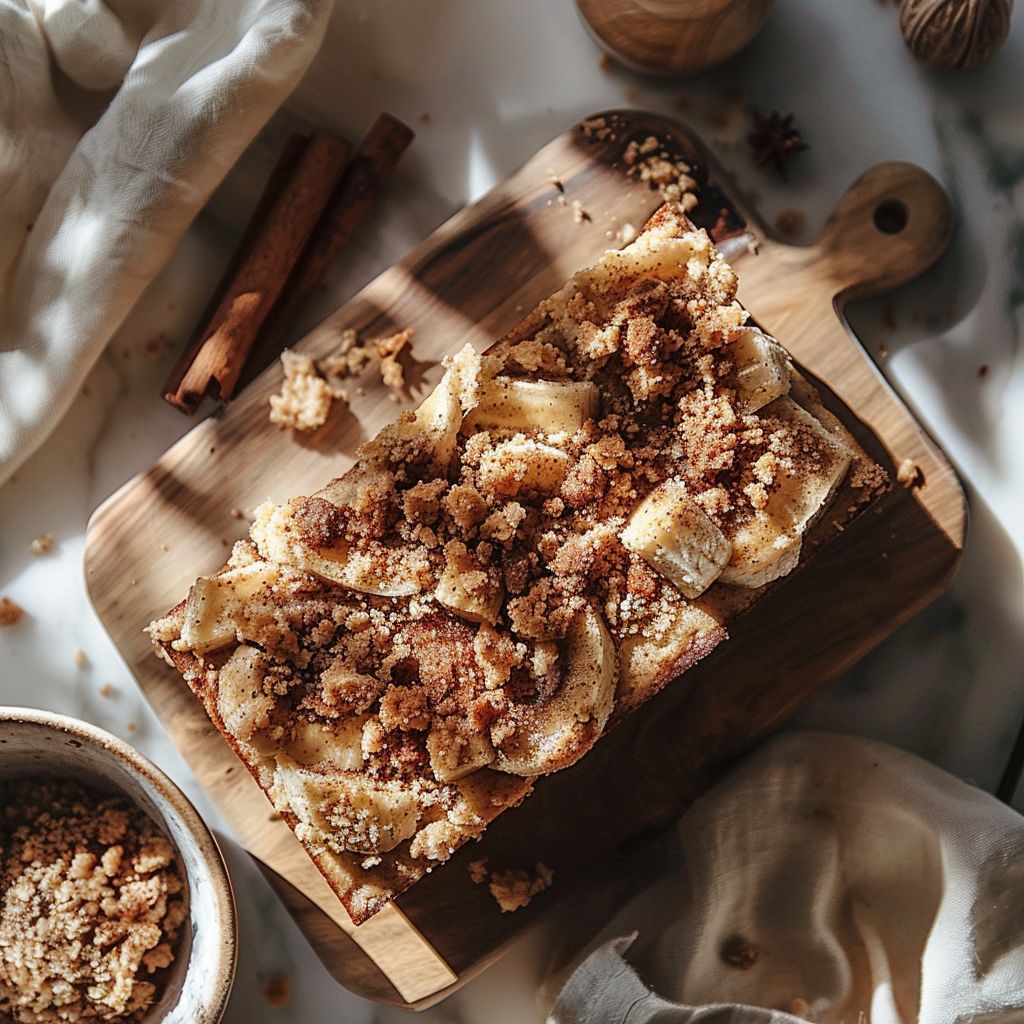 A top-down view of a slice of moist cinnamon crumb banana bread on a light wooden board.