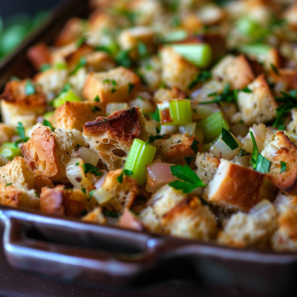 Close-up of fluffy homemade stuffing with bread cubes and herbs, warmly lit from the side.