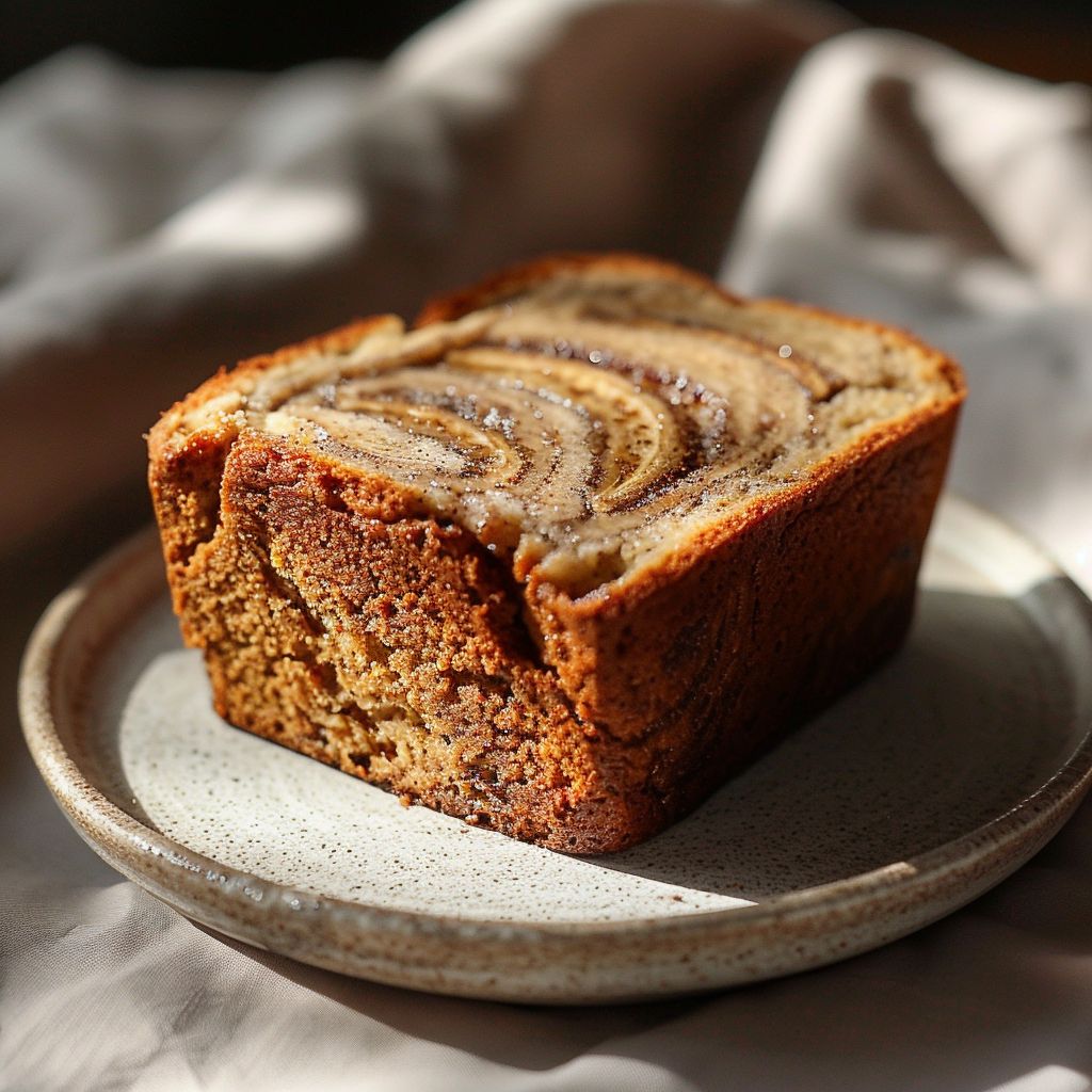 Close-up of a slice of cinnamon swirl banana bread on a light grey plate.