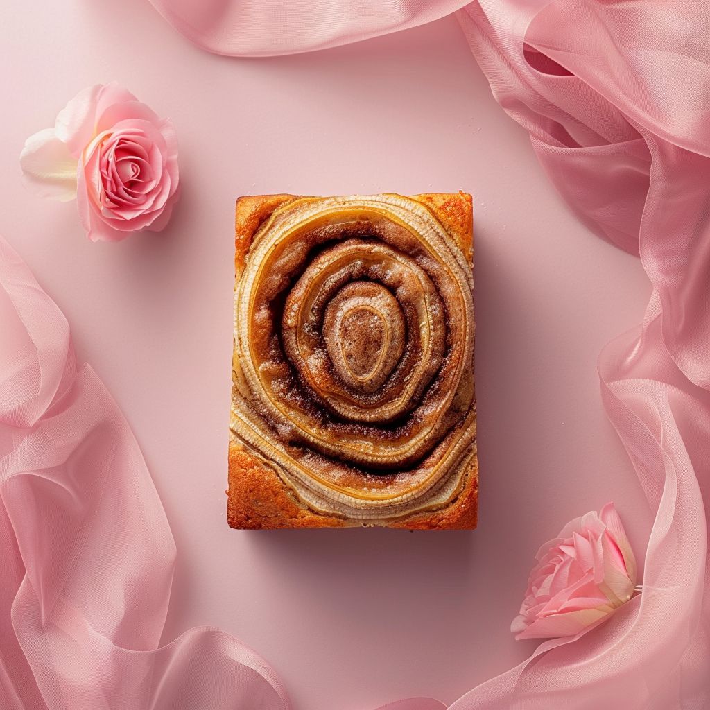 A top-down view of cinnamon swirl banana bread styled on a pale pink background.