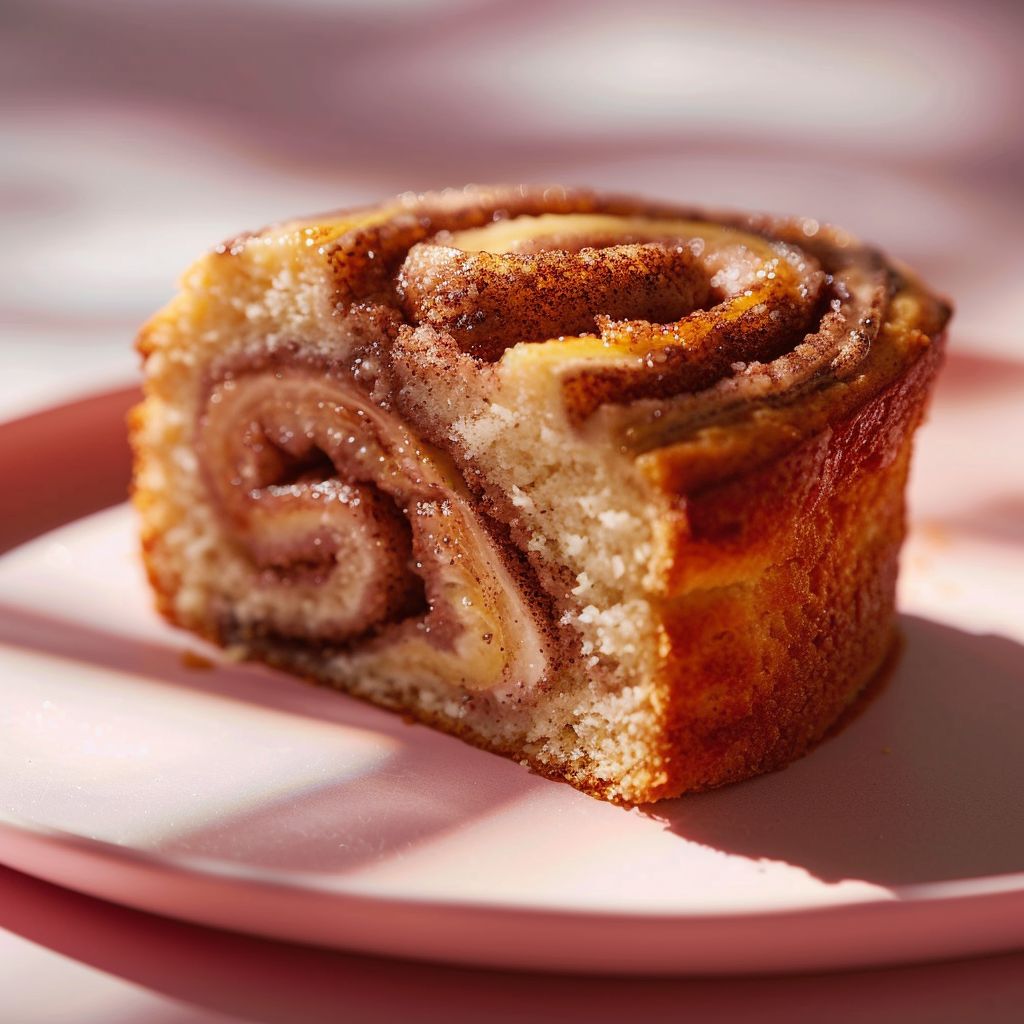 Close-up view of a slice of cinnamon swirl banana bread on a pale pink background.