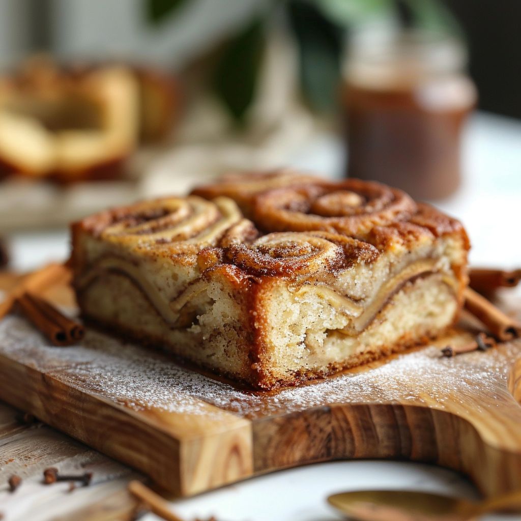Close-up of a slice of cinnamon swirl banana bread on a wooden board.