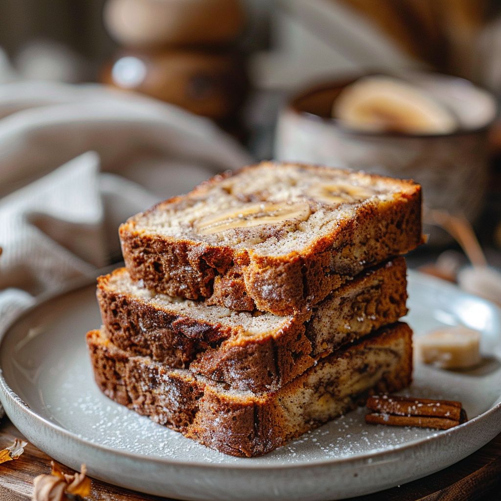 Close-up of a slice of cinnamon swirl banana bread on a light grey plate.
