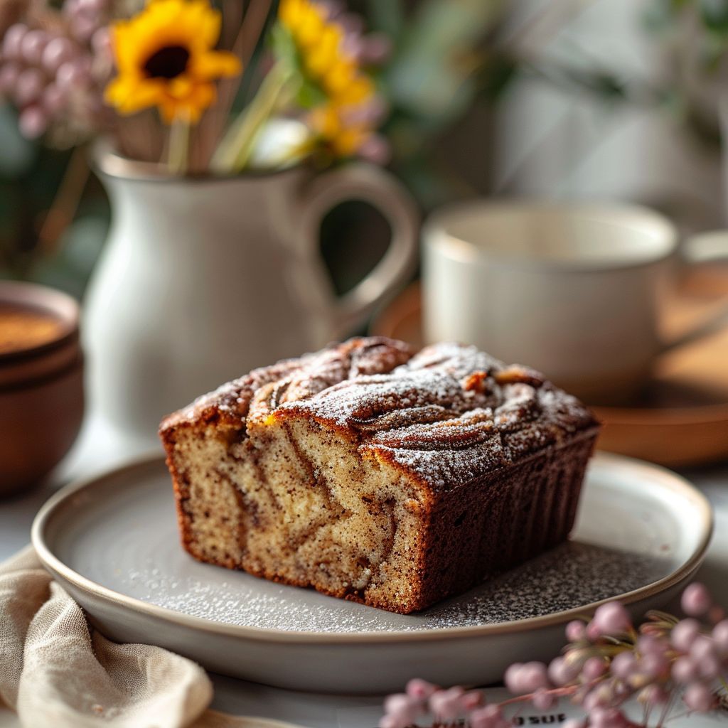 A slice of cinnamon swirl banana bread on a light grey ceramic plate.