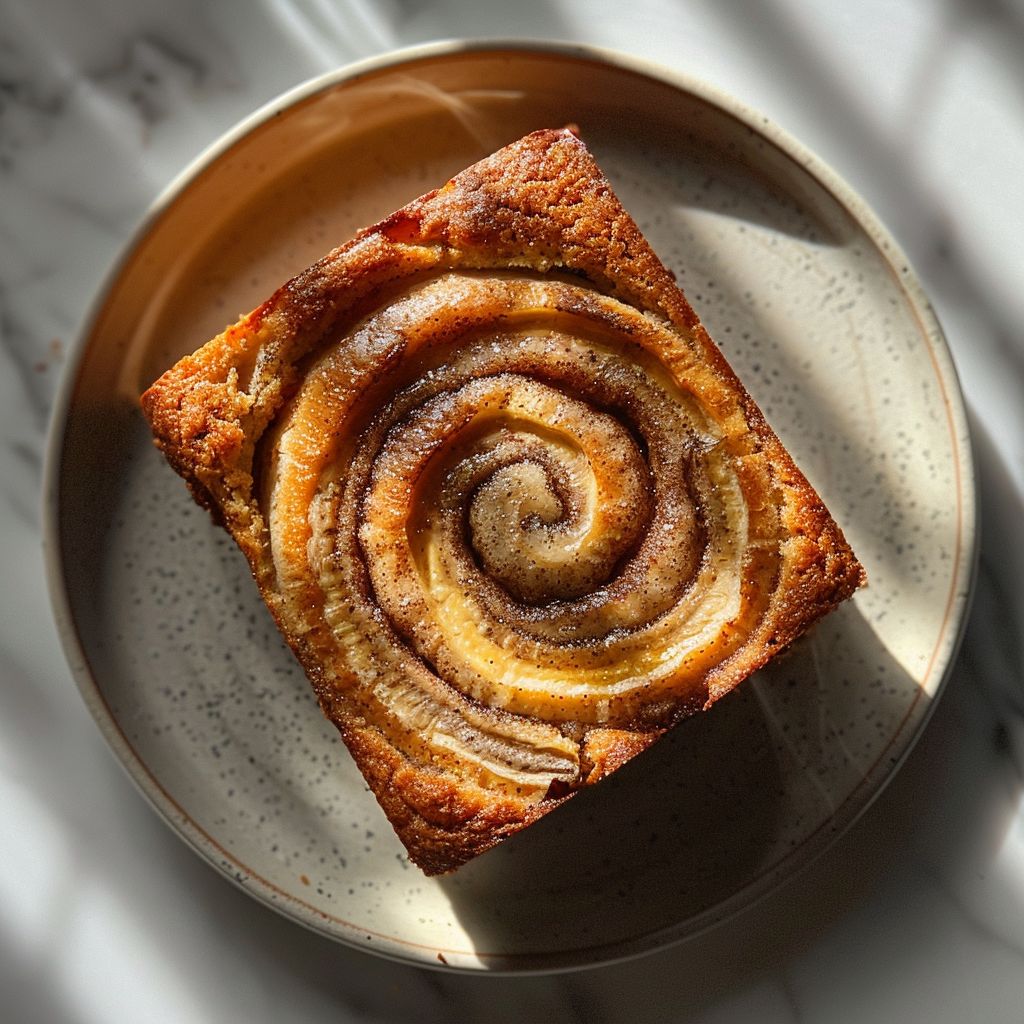 Top-down view of a slice of cinnamon swirl banana bread on a light grey ceramic plate.
