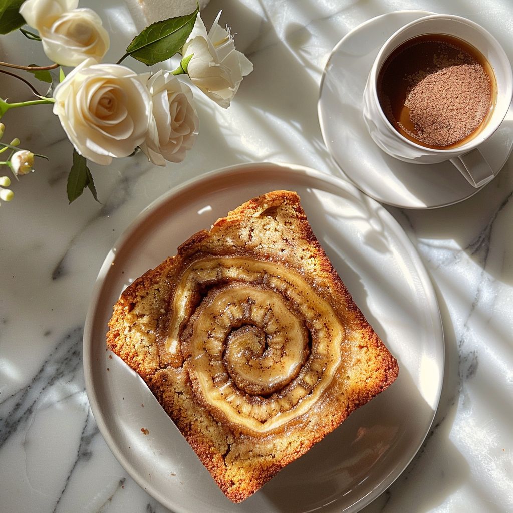A top-down view of sliced cinnamon swirl banana bread on a white marble countertop.