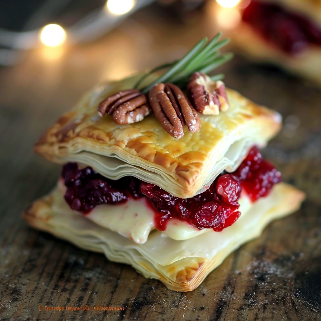 Close-up of golden-brown Baked Cranberry Brie Bites with a glossy cranberry topping and a sprinkling of nuts.