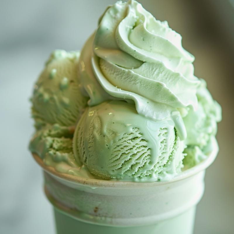 Close-up of a green Shamrock Shake with whipped cream on a white surface.