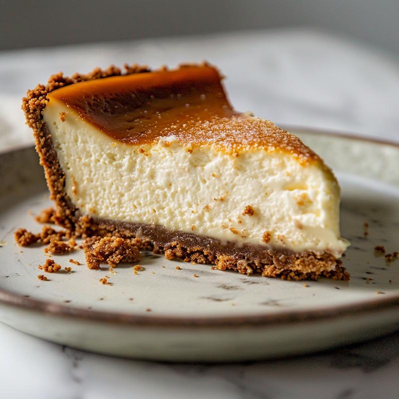 Slice of Baileys cheesecake on white marble.